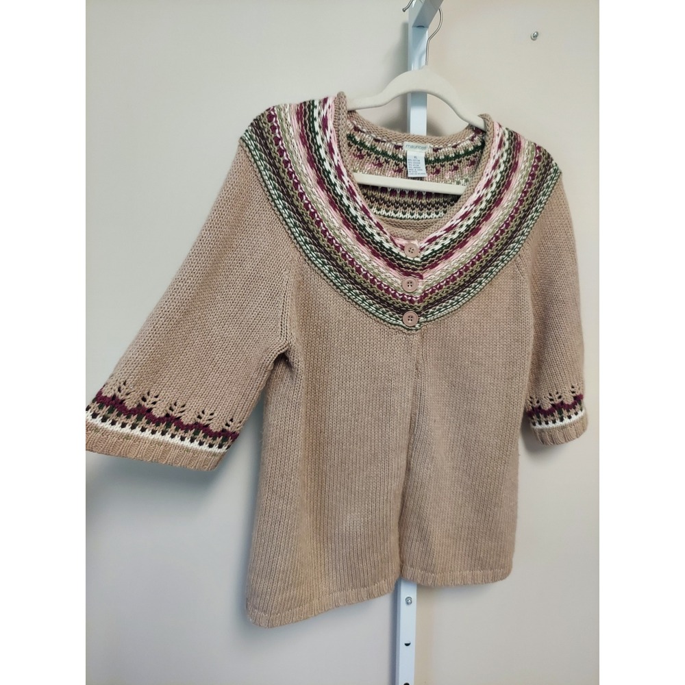 Maurices Womens XL Tan Fair Isle V-Neck Knit Sweater Angora Blend Elbow Sleeve